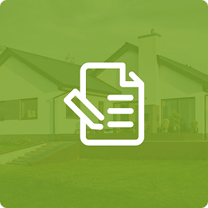 Icône verte représentant un document et un stylo pour démarches administratives liées au logement