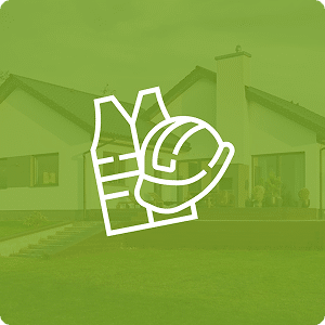 Icône verte représentant un casque de chantier et un gilet de sécurité pour travaux et construction